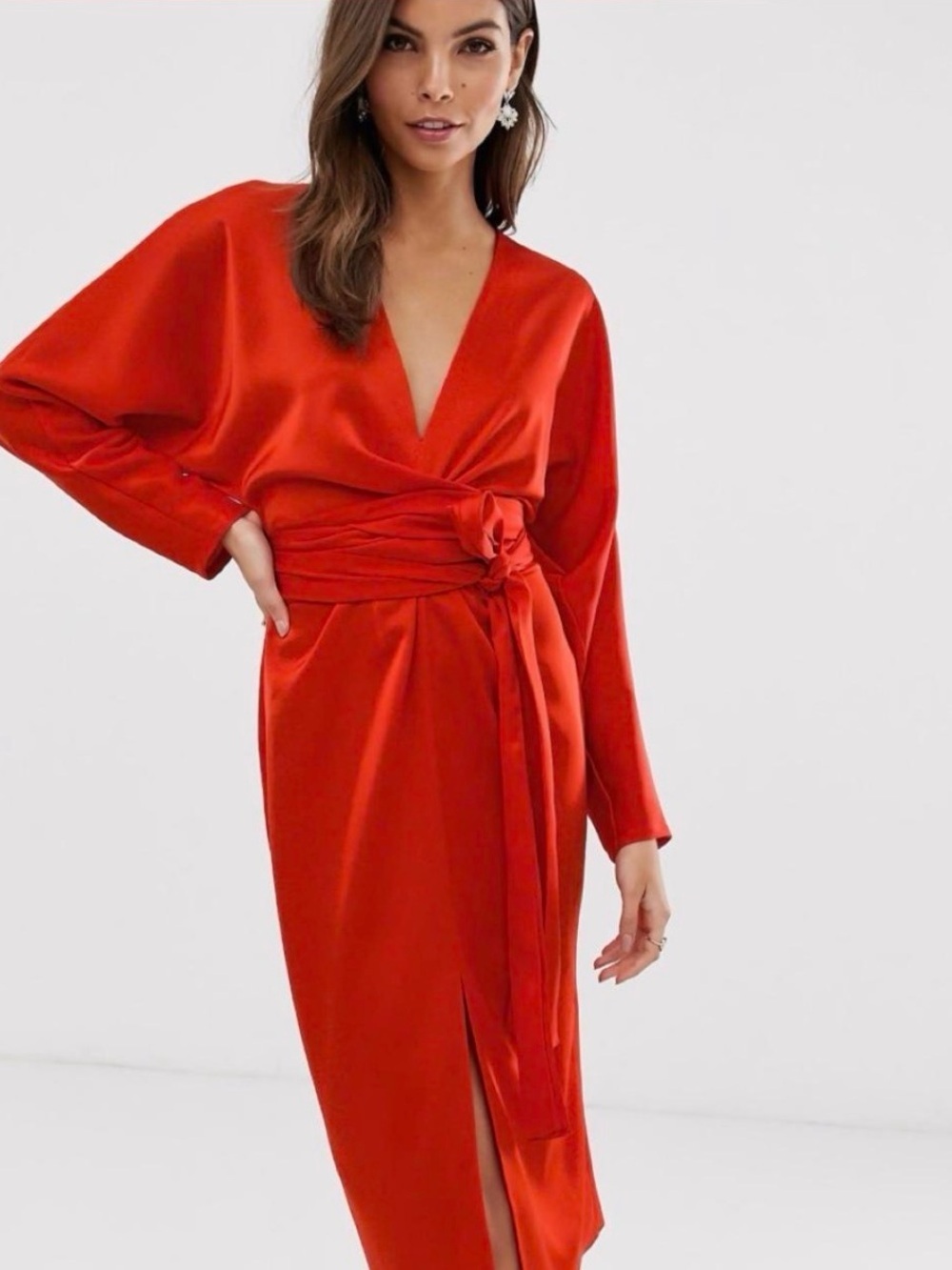 ASOS DESIGN Red Satin Wrap Midi Dress US 4